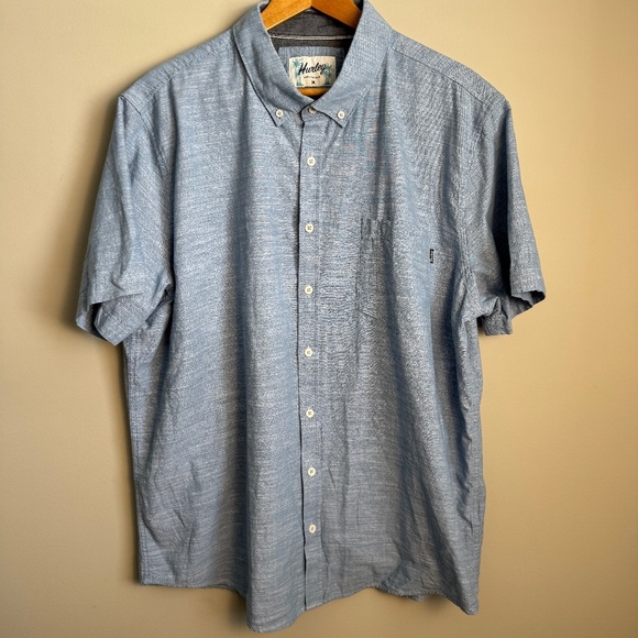 Hurley Men's Chambray Woven Short Sleeve‎ Button Up Cotton Shirt Blue XXL Casual - Picture 1 of 14